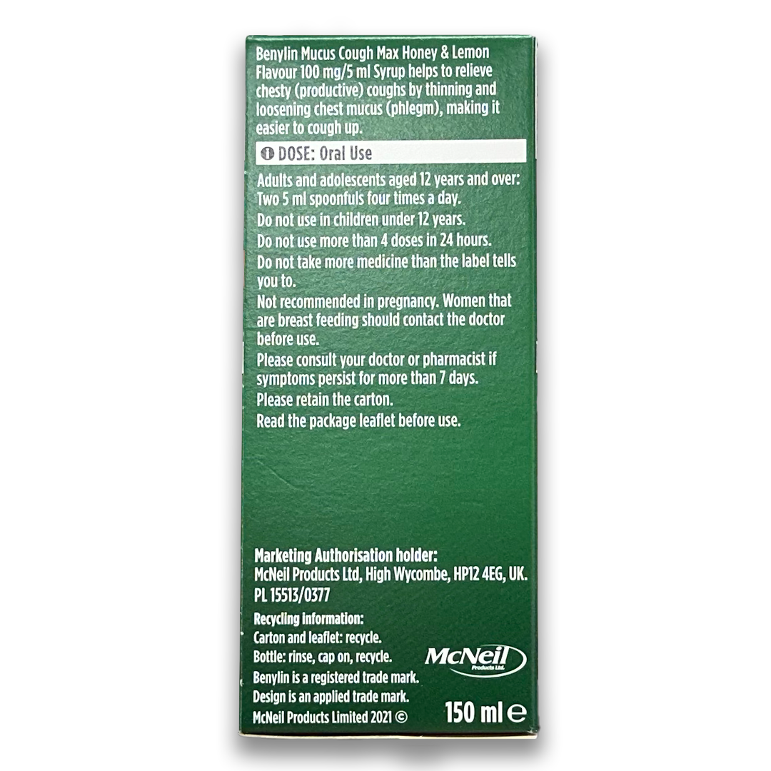 Benylin Mucus Cough MAX 100mg/5ml Syrup - Honey and Lemon.