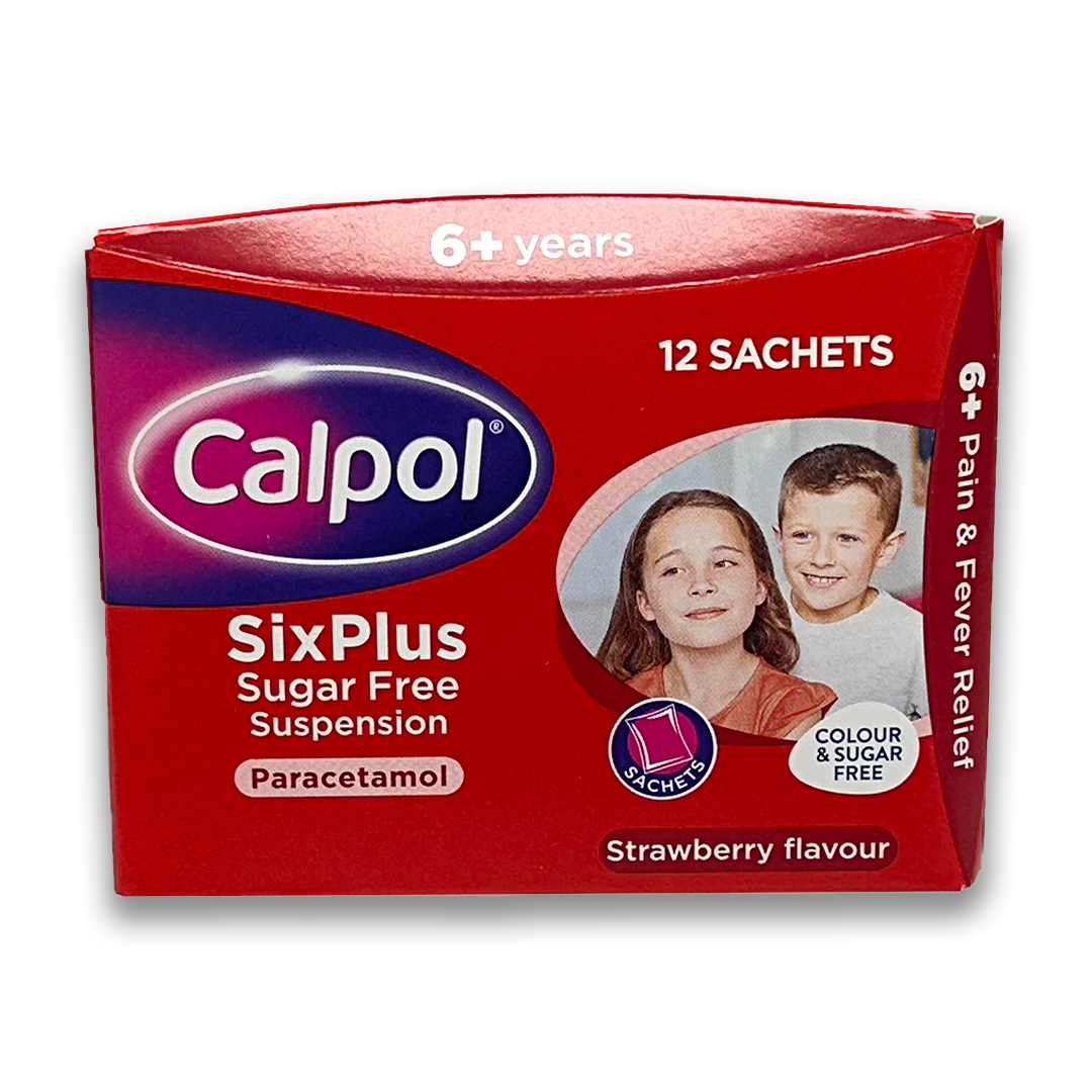 Calpol SixPlus Sugar Free Suspension Strawberry Flavour.