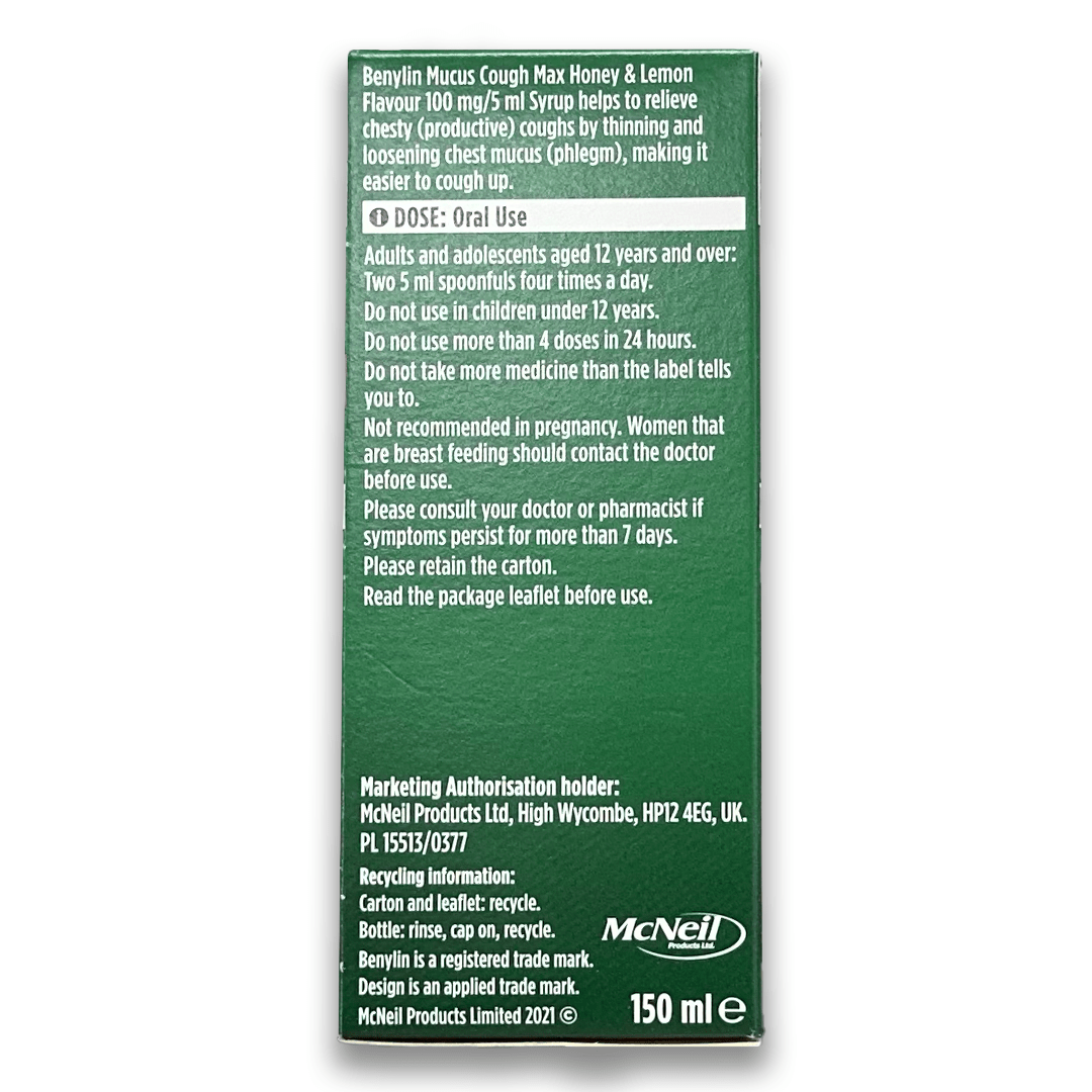 Benylin Mucus Cough MAX 100mg/5ml Syrup - Honey and Lemon - Rightangled