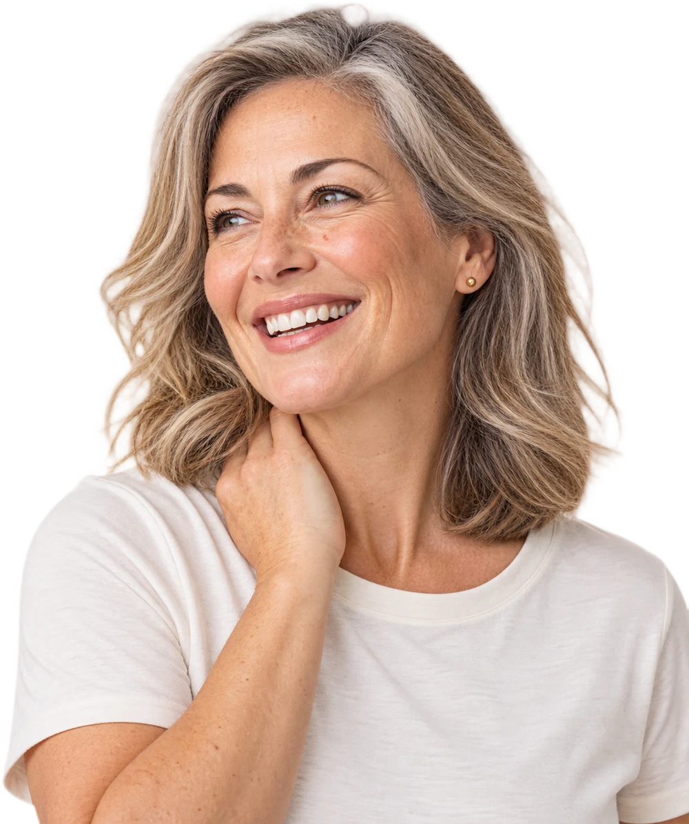 Smiling woman in her early fifties with grey-blonde hair